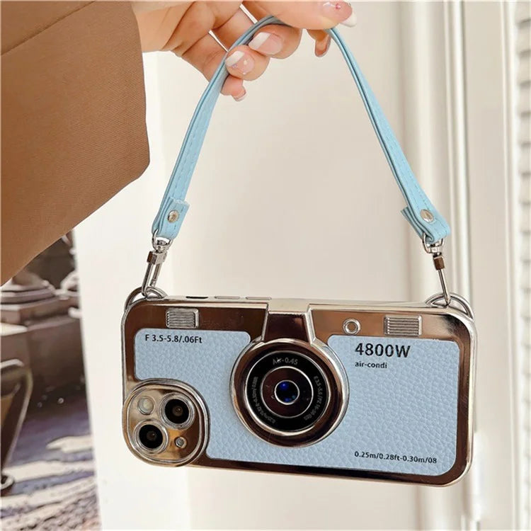 For iPhone 15 Cell Phone Case Camera Design Litchi Texture Leather+TPU Cover with Tote Strap