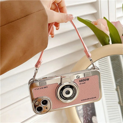 For iPhone 14 Cover Electroplated Leather+TPU Phone Shell with Strap Camera Shape