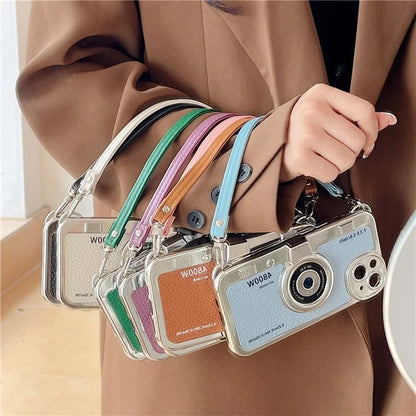 For iPhone 14 Cover Electroplated Leather+TPU Phone Shell with Strap Camera Shape