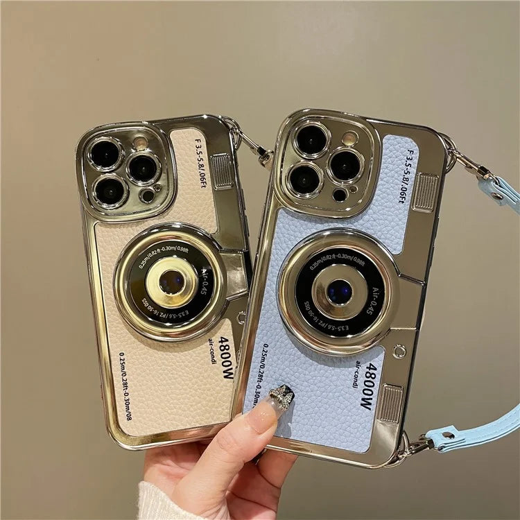 For iPhone 13 Pro Max 6.7 inch Case Camera Design Electroplated Leather+TPU Cover with Strap