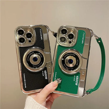 For iPhone 13 Pro Max 6.7 inch Case Camera Design Electroplated Leather+TPU Cover with Strap