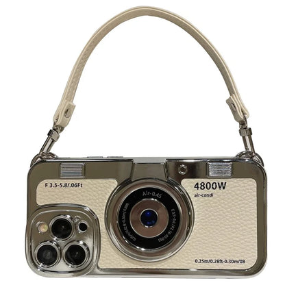 For iPhone 13 Pro Max 6.7 inch Case Camera Design Electroplated Leather+TPU Cover with Strap