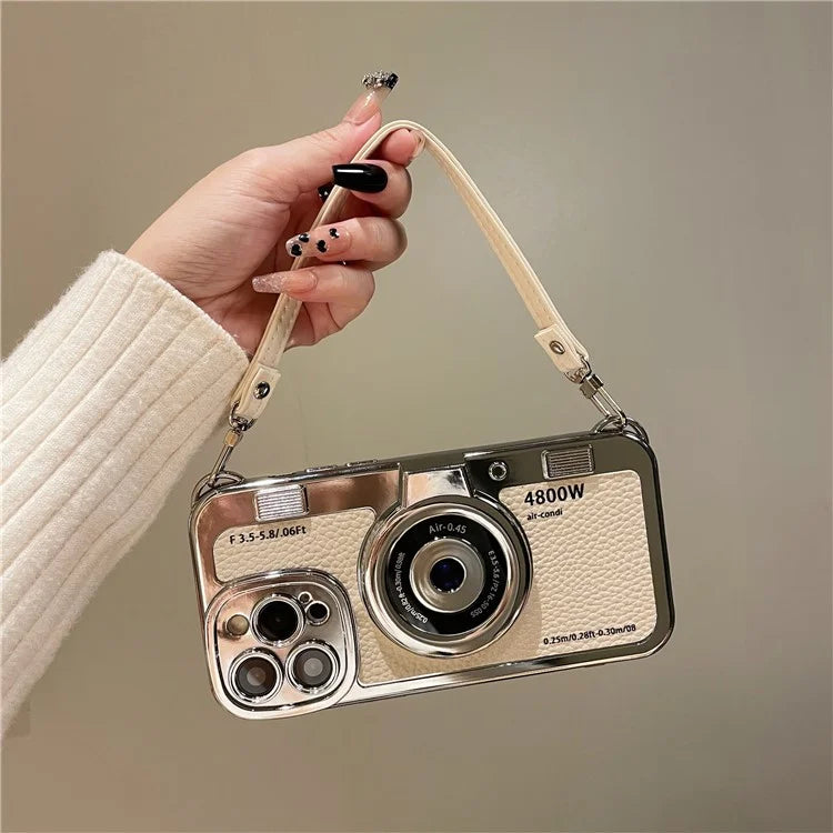 For iPhone 13 Pro Max 6.7 inch Case Camera Design Electroplated Leather+TPU Cover with Strap