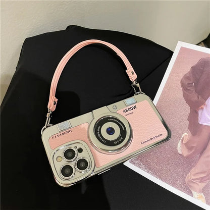 For iPhone 13 Pro Max 6.7 inch Case Camera Design Electroplated Leather+TPU Cover with Strap