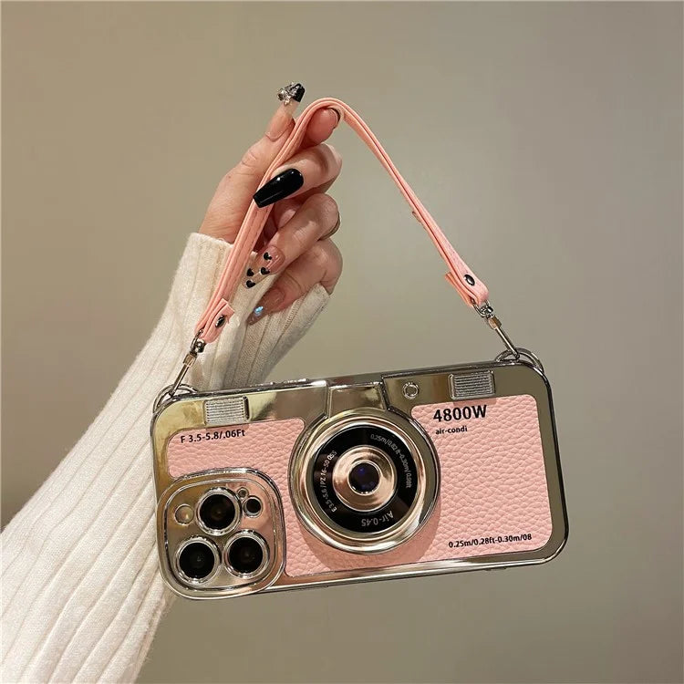 For iPhone 13 Pro Max 6.7 inch Case Camera Design Electroplated Leather+TPU Cover with Strap