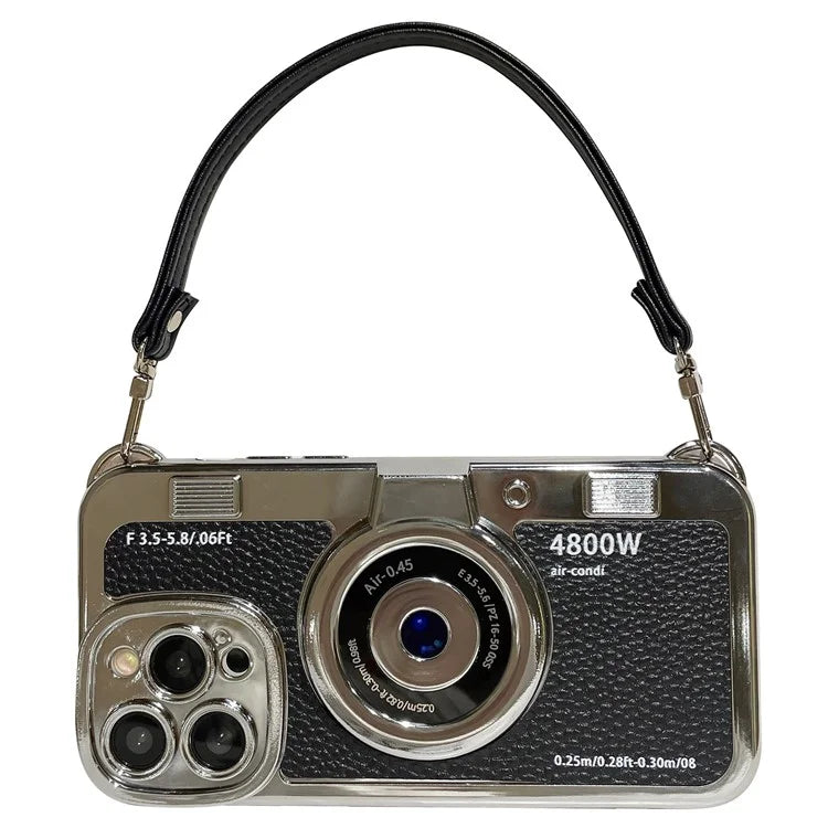 For iPhone 13 Pro Max 6.7 inch Case Camera Design Electroplated Leather+TPU Cover with Strap