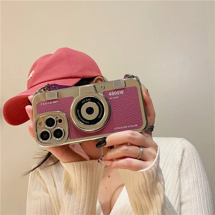 For iPhone 13 Pro Max 6.7 inch Case Camera Design Electroplated Leather+TPU Cover with Strap