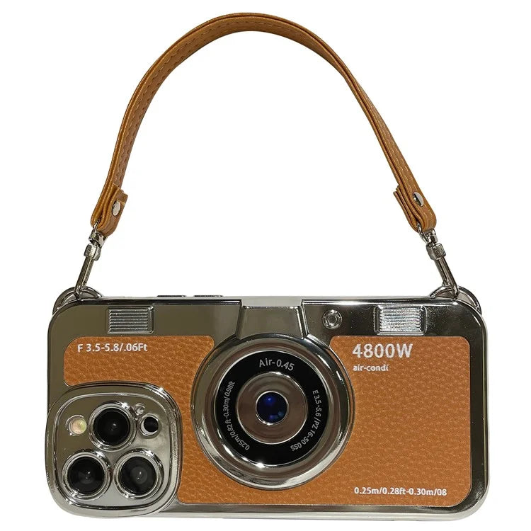 For iPhone 13 Pro Max 6.7 inch Case Camera Design Electroplated Leather+TPU Cover with Strap