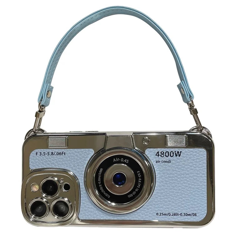 For iPhone 14 Pro Cases Electroplating Phone Cover with Wrist Strap Camera Shaped Design