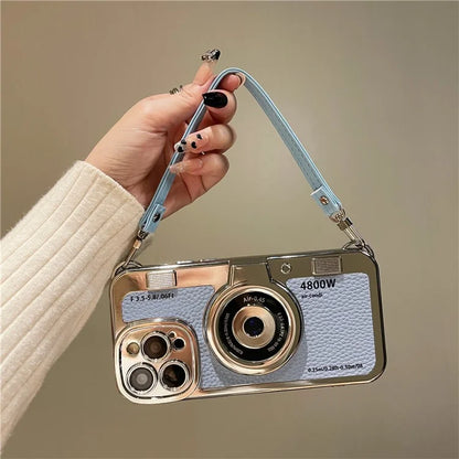 For iPhone 14 Pro Cases Electroplating Phone Cover with Wrist Strap Camera Shaped Design