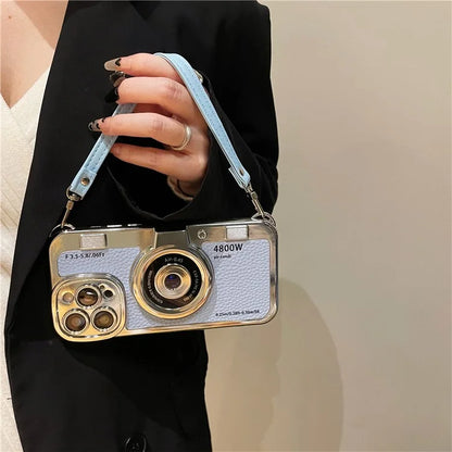 For iPhone 14 Pro Cases Electroplating Phone Cover with Wrist Strap Camera Shaped Design