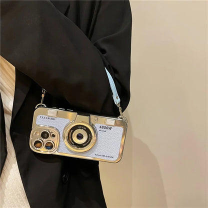For iPhone 14 Pro Cases Electroplating Phone Cover with Wrist Strap Camera Shaped Design