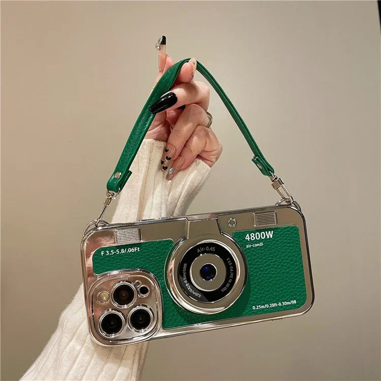 For iPhone 14 Pro Cases Electroplating Phone Cover with Wrist Strap Camera Shaped Design