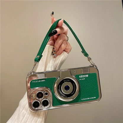 For iPhone 14 Pro Cases Electroplating Phone Cover with Wrist Strap Camera Shaped Design