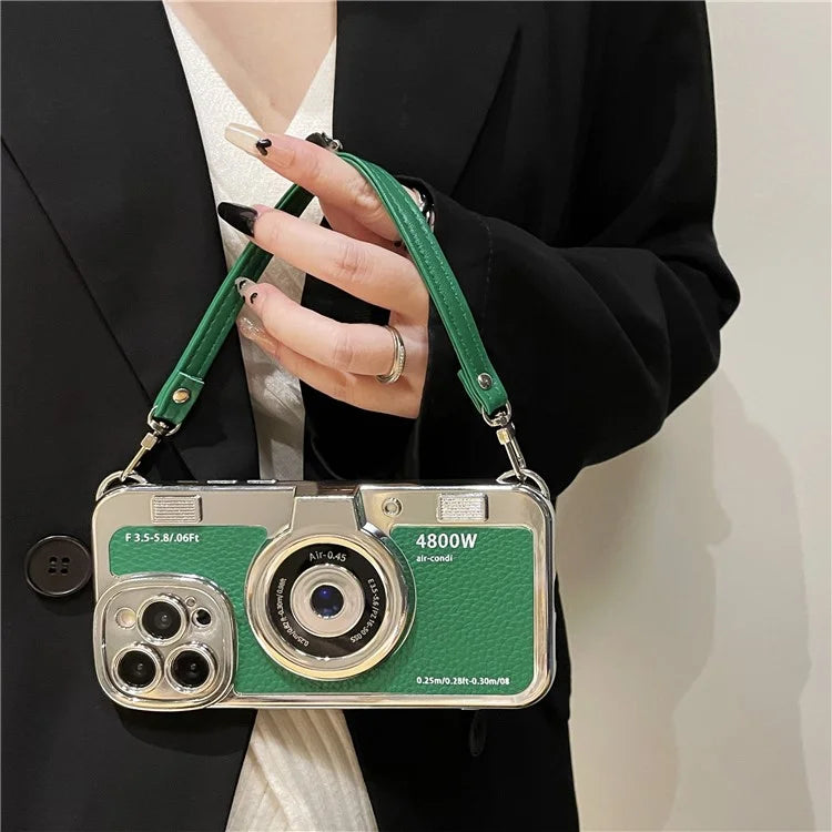 For iPhone 14 Pro Cases Electroplating Phone Cover with Wrist Strap Camera Shaped Design