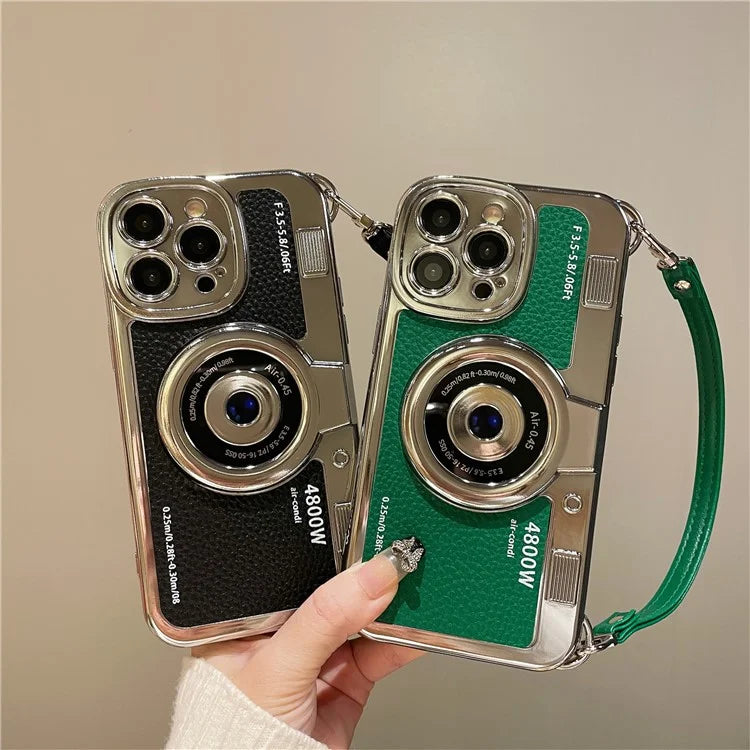 For iPhone 14 Pro Cases Electroplating Phone Cover with Wrist Strap Camera Shaped Design