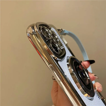 For iPhone 14 Pro Cases Electroplating Phone Cover with Wrist Strap Camera Shaped Design