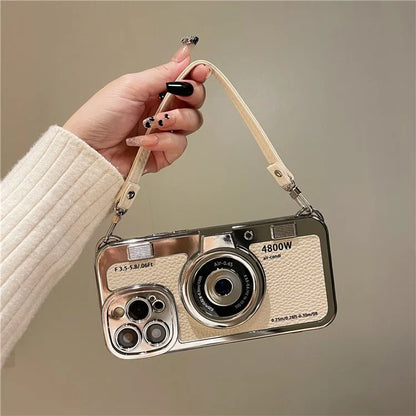 For iPhone 14 Pro Cases Electroplating Phone Cover with Wrist Strap Camera Shaped Design
