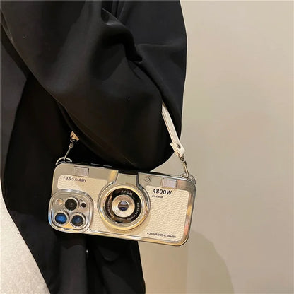For iPhone 14 Pro Cases Electroplating Phone Cover with Wrist Strap Camera Shaped Design