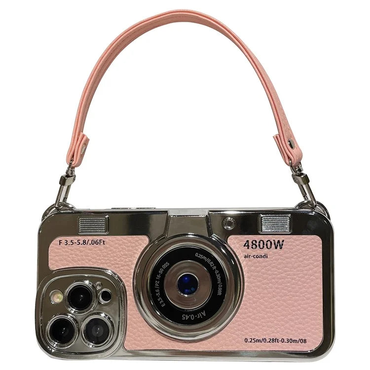For iPhone 14 Pro Cases Electroplating Phone Cover with Wrist Strap Camera Shaped Design