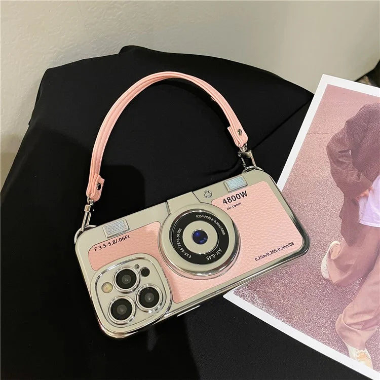 For iPhone 14 Pro Cases Electroplating Phone Cover with Wrist Strap Camera Shaped Design