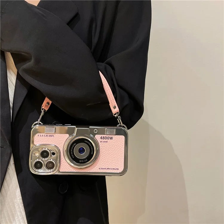 For iPhone 14 Pro Cases Electroplating Phone Cover with Wrist Strap Camera Shaped Design