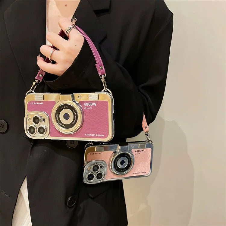 For iPhone 14 Pro Cases Electroplating Phone Cover with Wrist Strap Camera Shaped Design