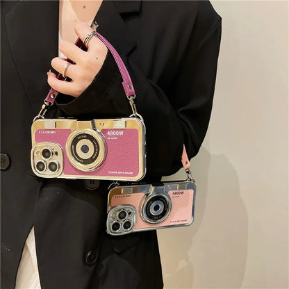 For iPhone 14 Pro Cases Electroplating Phone Cover with Wrist Strap Camera Shaped Design