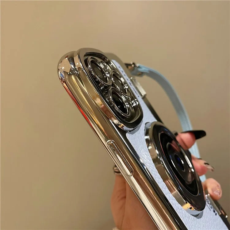 For iPhone 14 Pro Cases Electroplating Phone Cover with Wrist Strap Camera Shaped Design