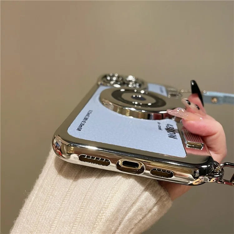 For iPhone 14 Pro Cases Electroplating Phone Cover with Wrist Strap Camera Shaped Design