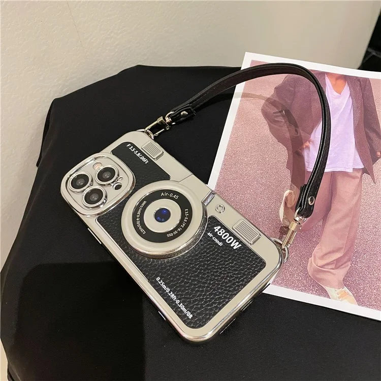 For iPhone 14 Pro Cases Electroplating Phone Cover with Wrist Strap Camera Shaped Design