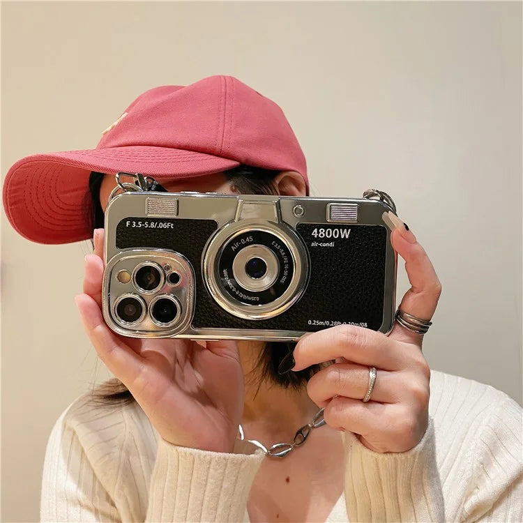For iPhone 14 Pro Cases Electroplating Phone Cover with Wrist Strap Camera Shaped Design