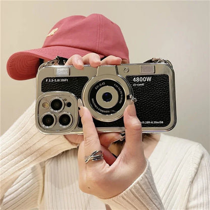 For iPhone 14 Pro Cases Electroplating Phone Cover with Wrist Strap Camera Shaped Design