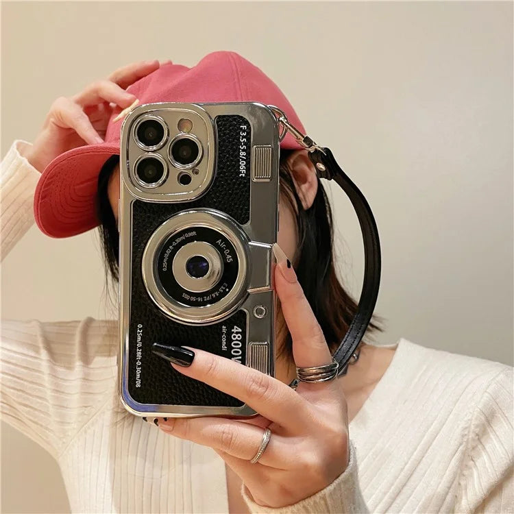 For iPhone 14 Pro Cases Electroplating Phone Cover with Wrist Strap Camera Shaped Design