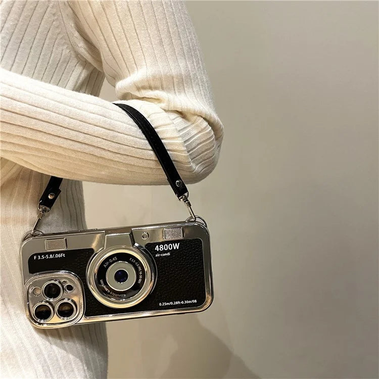 For iPhone 14 Pro Cases Electroplating Phone Cover with Wrist Strap Camera Shaped Design