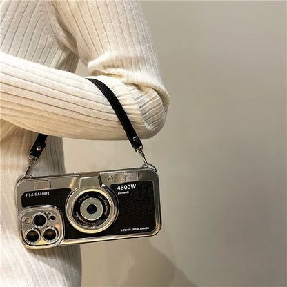 For iPhone 14 Pro Cases Electroplating Phone Cover with Wrist Strap Camera Shaped Design