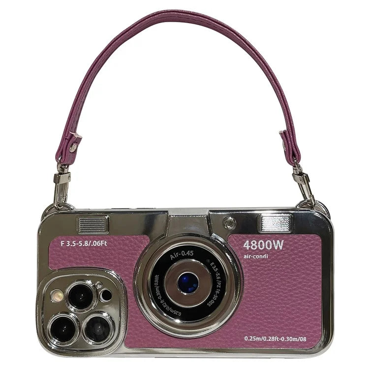 For iPhone 14 Pro Cases Electroplating Phone Cover with Wrist Strap Camera Shaped Design