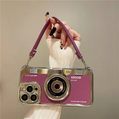 For iPhone 14 Pro Cases Electroplating Phone Cover with Wrist Strap Camera Shaped Design