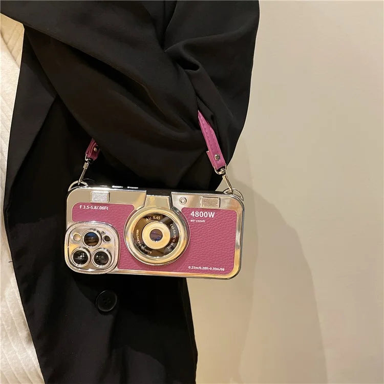 For iPhone 14 Pro Cases Electroplating Phone Cover with Wrist Strap Camera Shaped Design