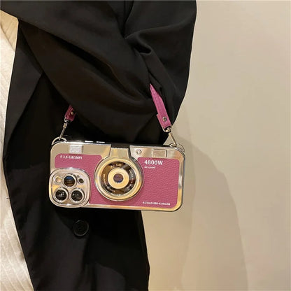 For iPhone 14 Pro Cases Electroplating Phone Cover with Wrist Strap Camera Shaped Design