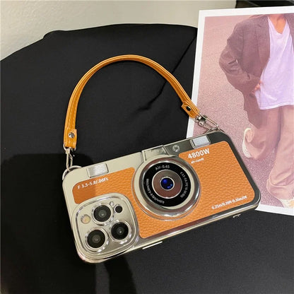 For iPhone 14 Pro Cases Electroplating Phone Cover with Wrist Strap Camera Shaped Design