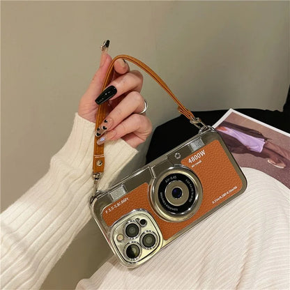 For iPhone 14 Pro Cases Electroplating Phone Cover with Wrist Strap Camera Shaped Design