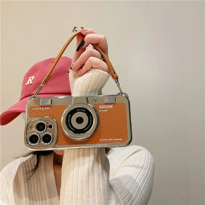 For iPhone 14 Pro Cases Electroplating Phone Cover with Wrist Strap Camera Shaped Design