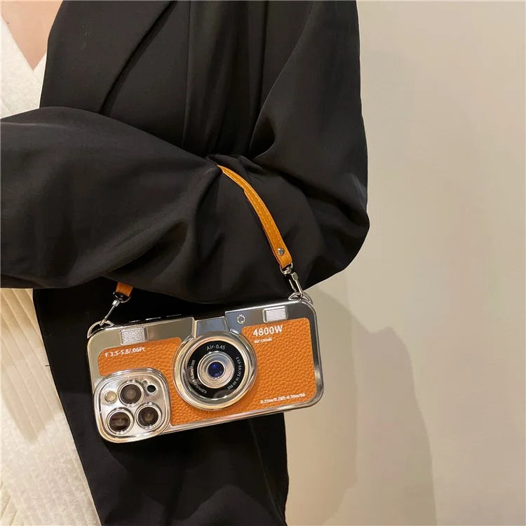 For iPhone 14 Pro Cases Electroplating Phone Cover with Wrist Strap Camera Shaped Design