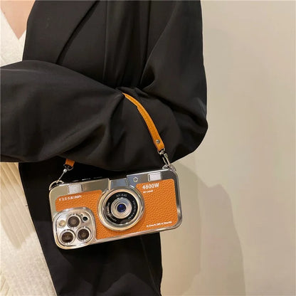 For iPhone 14 Pro Cases Electroplating Phone Cover with Wrist Strap Camera Shaped Design