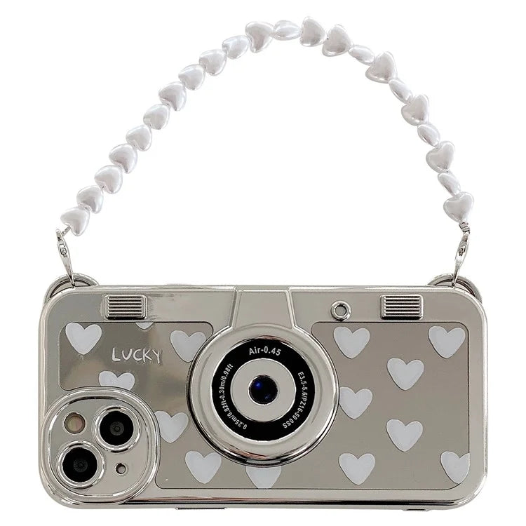 For iPhone 14 Case Scratch-proof TPU Camera Shaped Electroplating Back Shell with Wrist Strap