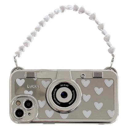 For iPhone 14 Case Scratch-proof TPU Camera Shaped Electroplating Back Shell with Wrist Strap