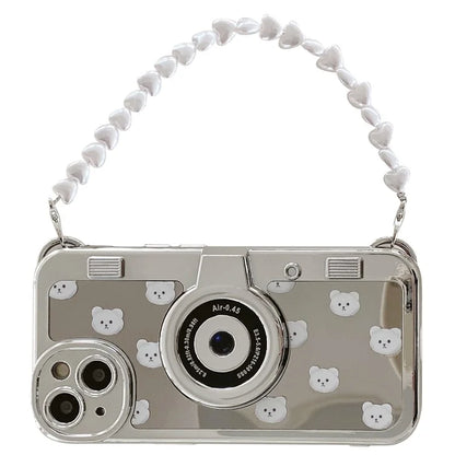 For iPhone 14 Case Scratch-proof TPU Camera Shaped Electroplating Back Shell with Wrist Strap