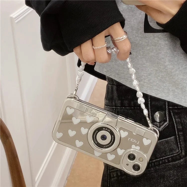 Camera Shaped TPU Cover for iPhone 14 Plus Mirror Surface Electroplating Phone Cases with Bead Strap