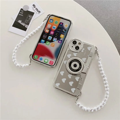 Camera Shaped TPU Cover for iPhone 14 Plus Mirror Surface Electroplating Phone Cases with Bead Strap